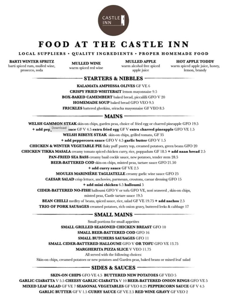 Castle Inn Pembs main menu
