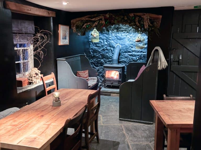 Llys Meddyg cellar bar woodburner